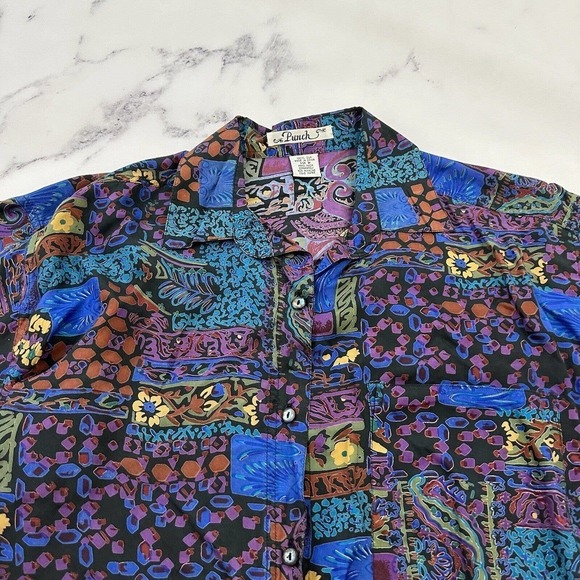 Punch Womens Vintage 90s Silk Oversize Shirt Size M Purple Blue Abstract Floral - Picture 2 of 11